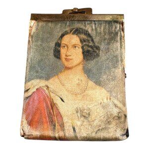 Antique Silk Coin Purse Victorian Woman Portrait & Brass Frame Kisslock READ